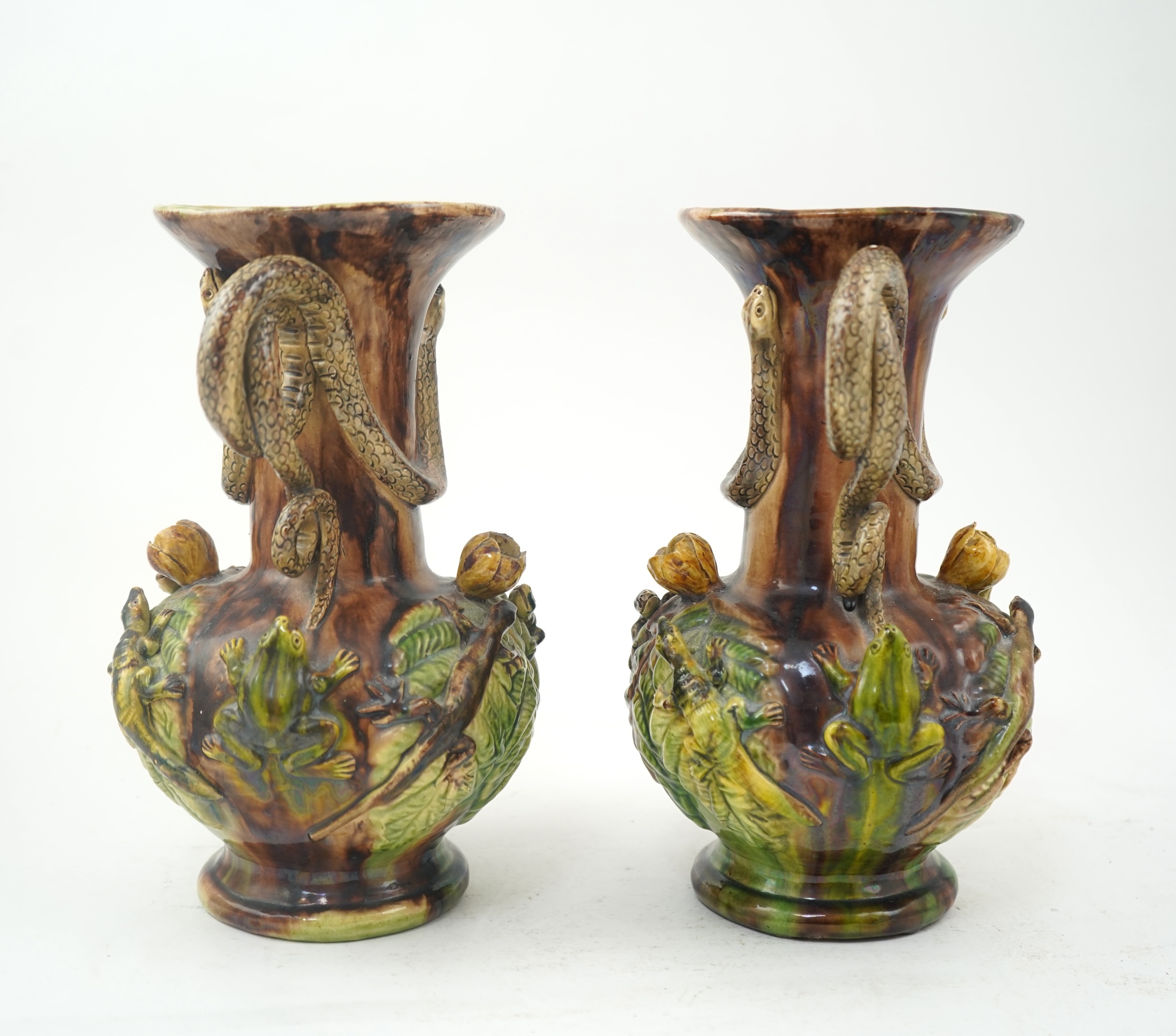 A pair of Palissy ware two handled vases, by Mafra Caldas Da Rainha, late 19th century
